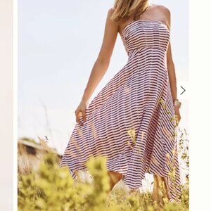 Anthropologie-Maeve Striped Stretch Jersey Caleta Maxi Dress, Red/white,Size L